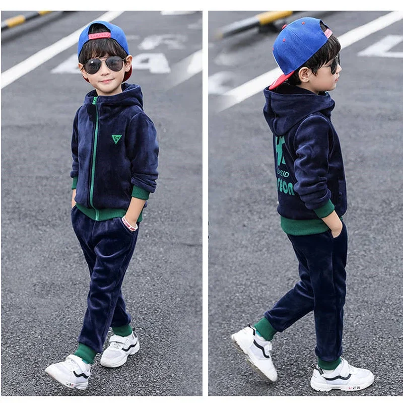 Children Clothing Set Double-sided Velvet Fashion Letter Hooded 2PCS Hoodies Coat +Pants Kids Boys Tracksuit for Autumn Winter