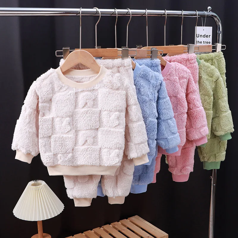 Children Baby Girls Cotton Clothing Sets Autumn Winter Kids Boys Plus Fleece Warm Cartoon Top+Pants 2PCS Outfit Suit 1TO 6 Years