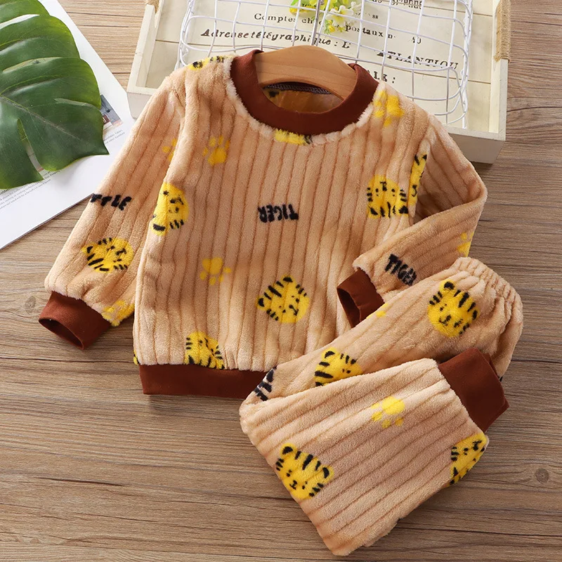 Children Baby Girls Cotton Clothing Sets Autumn Winter Kids Boys Plus Fleece Warm Cartoon Top+Pants 2PCS Outfit Suit 1TO 6 Years