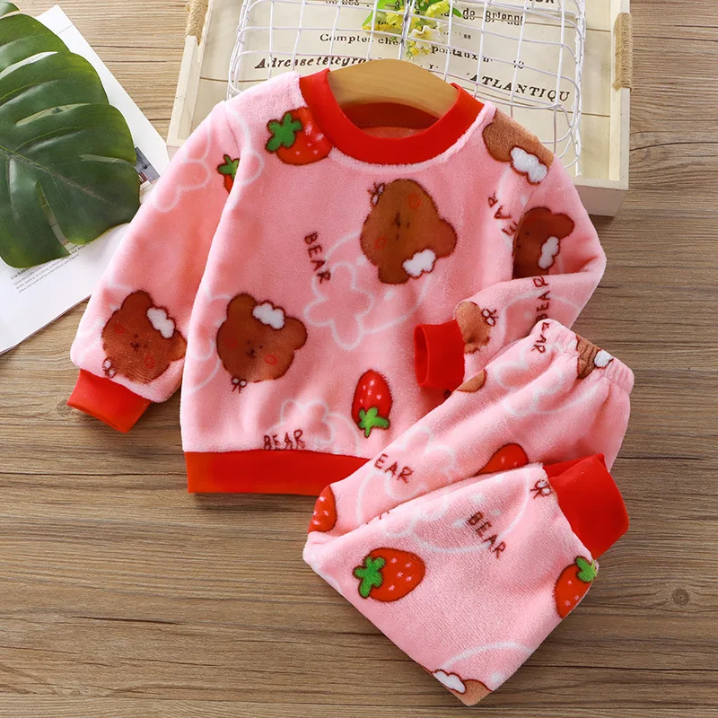 Children Baby Girls Cotton Clothing Sets Autumn Winter Kids Boys Plus Fleece Warm Cartoon Top+Pants 2PCS Outfit Suit 1TO 6 Years