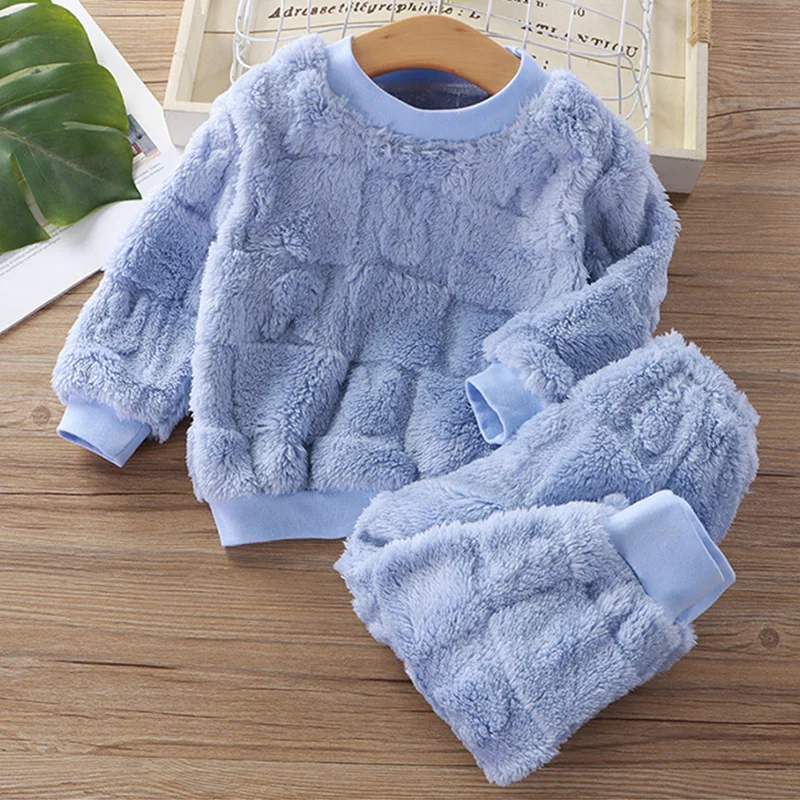 Children Baby Girls Cotton Clothing Sets Autumn Winter Kids Boys Plus Fleece Warm Cartoon Top+Pants 2PCS Outfit Suit 1TO 6 Years