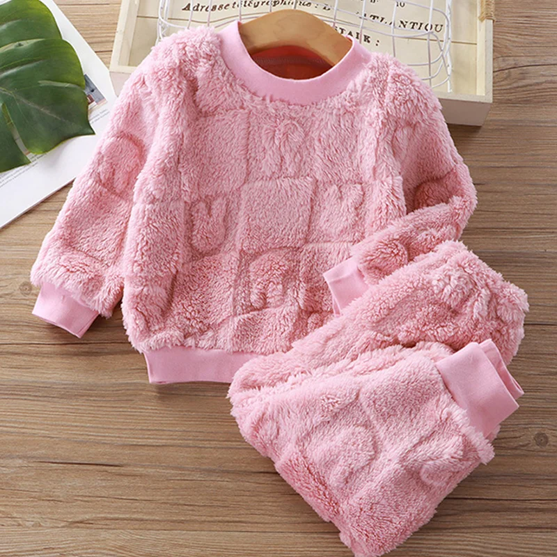 Children Baby Girls Cotton Clothing Sets Autumn Winter Kids Boys Plus Fleece Warm Cartoon Top+Pants 2PCS Outfit Suit 1TO 6 Years