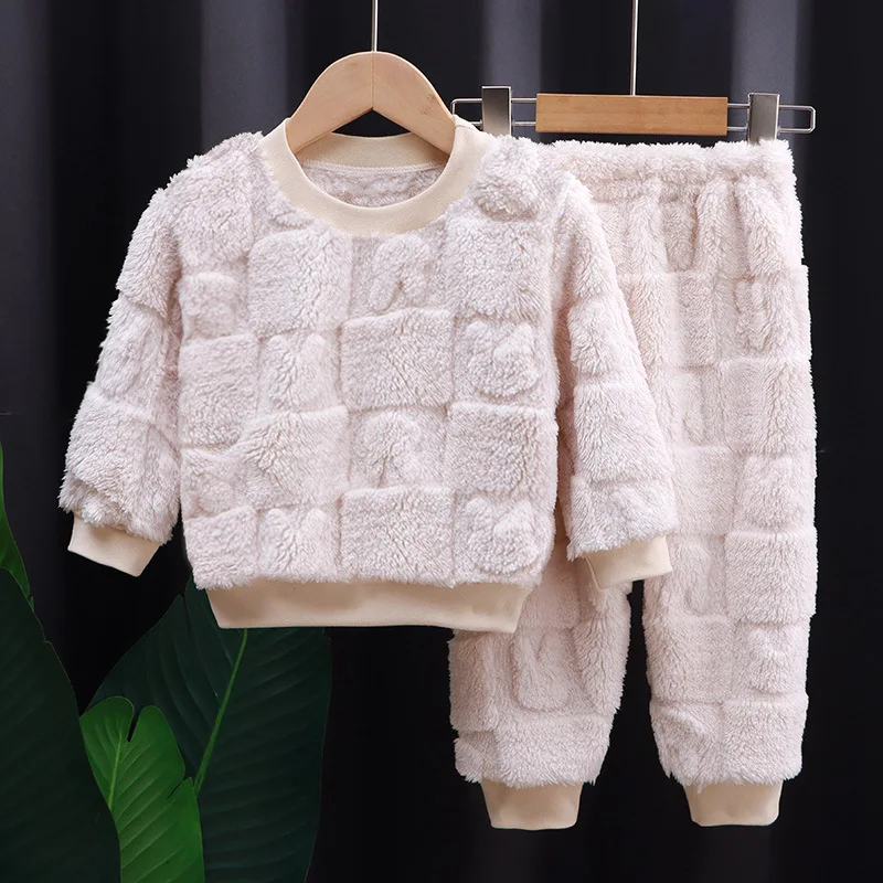 Children Baby Girls Cotton Clothing Sets Autumn Winter Kids Boys Plus Fleece Warm Cartoon Top+Pants 2PCS Outfit Suit 1TO 6 Years