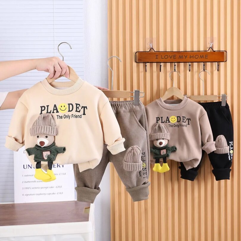 Children's Clothing Set Autumn and Winter New Boys' Baby Korean Edition Plush Thickened Sweater Pants Two Piece Set - Image 6