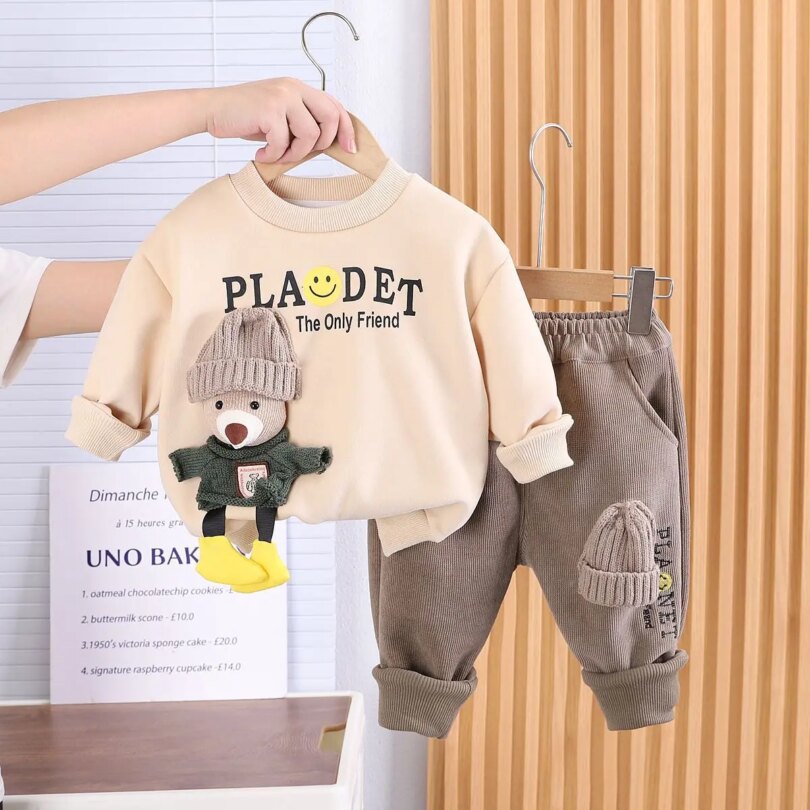 Children's Clothing Set Autumn and Winter New Boys' Baby Korean Edition Plush Thickened Sweater Pants Two Piece Set - Image 3