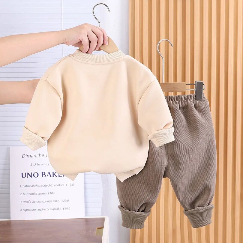 Children's Clothing Set Autumn and Winter New Boys' Baby Korean Edition Plush Thickened Sweater Pants Two Piece Set - Image 4