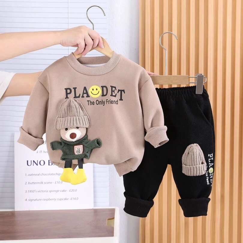 Children's Clothing Set Autumn and Winter New Boys' Baby Korean Edition Plush Thickened Sweater Pants Two Piece Set - Image 2