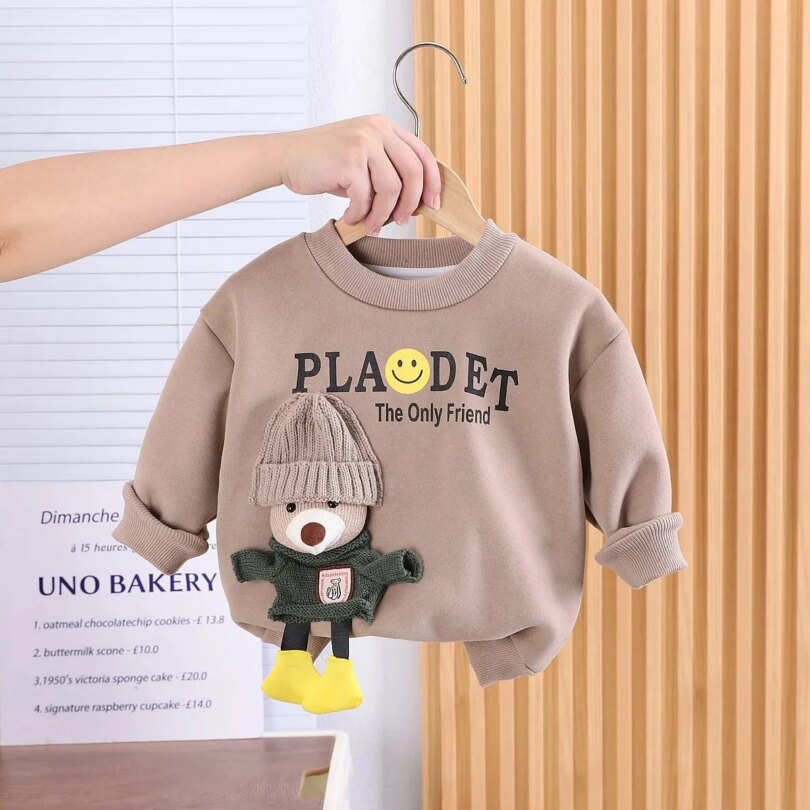 Children's Clothing Set Autumn and Winter New Boys' Baby Korean Edition Plush Thickened Sweater Pants Two Piece Set - Image 5