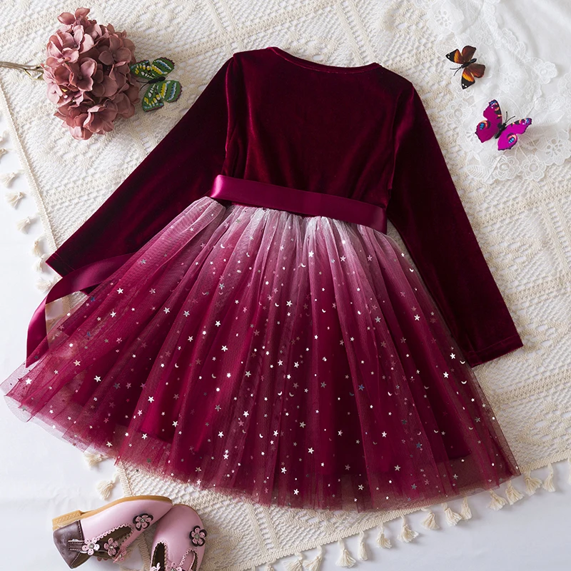 3-8Yrs Children Girls New Year Dress Red Christmas Long Sleeved Dress for Kids Birthday Wedding Party Wear Fashion Autumn Outfit