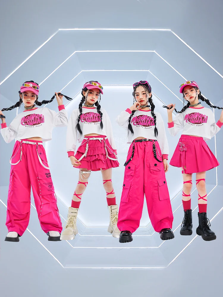 Girl Fashion Hiphop Long Sleeve Cropped T-shirt Cargo Pants Clothing Kids Hip-hop Dance Suit Child Performance Streetwear Outfit