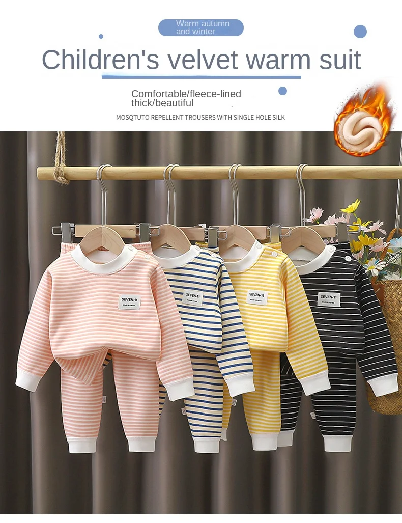 Children's Clothing Autumn  Winter Warm Clothes Girls' Long Sleeved Top with Plush Bottom Baby Boys' Top and Pants Set