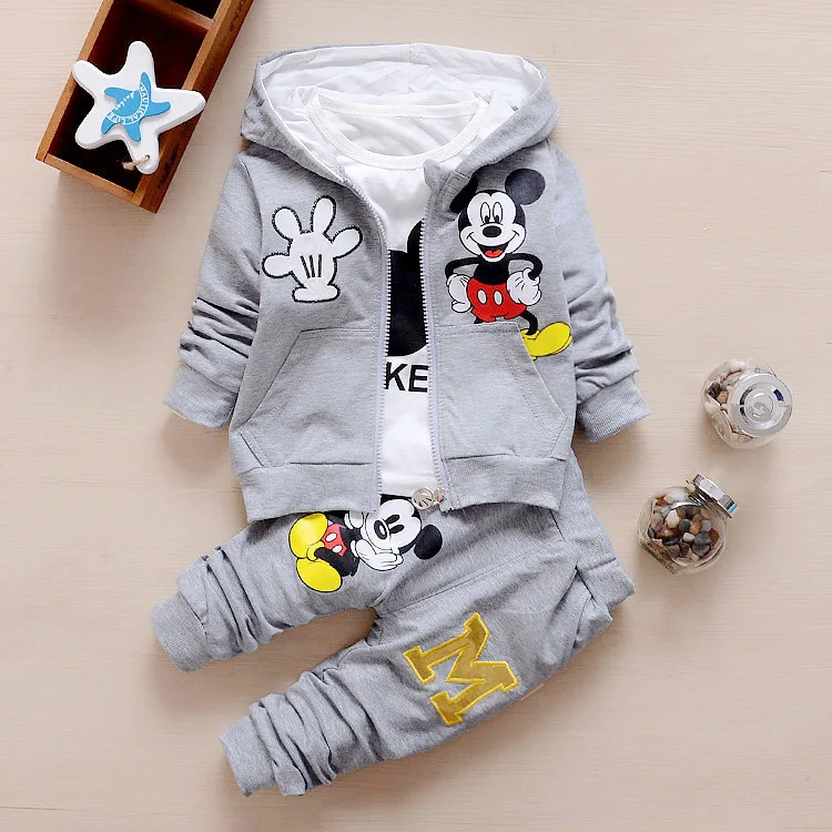 Disney Cartoon Printed Mickey Mouse Children Clothing Set for Kids 3PCS (Jacket+Shirt+Pants) Autumn Casual Hooded Oufits