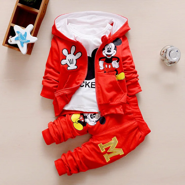 Disney Cartoon Printed Mickey Mouse Children Clothing Set for Kids 3PCS (Jacket+Shirt+Pants) Autumn Casual Hooded Oufits