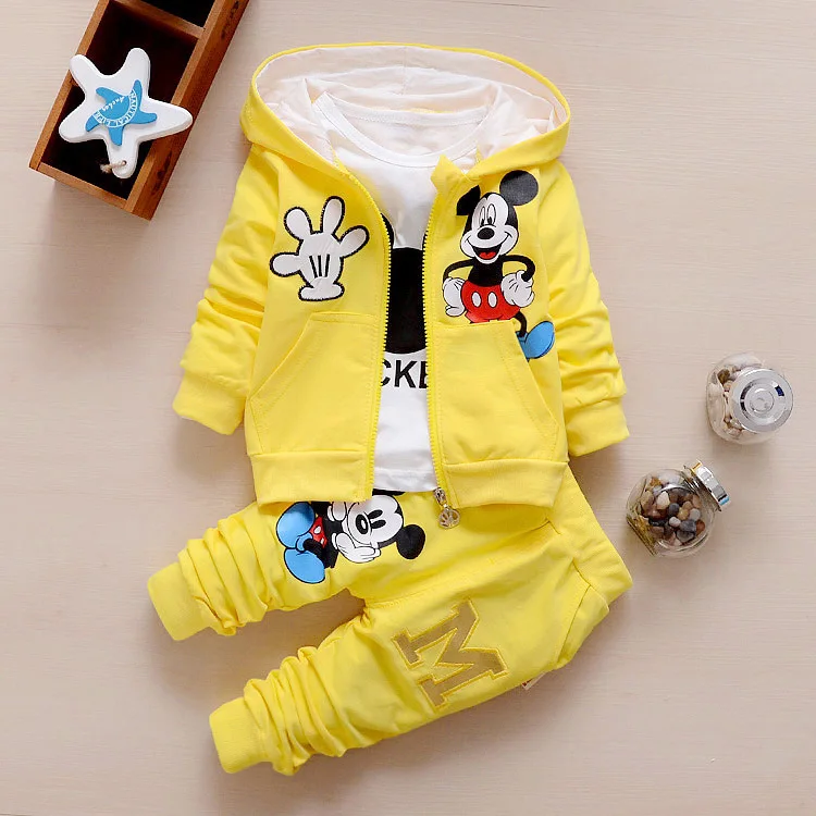 Disney Cartoon Printed Mickey Mouse Children Clothing Set for Kids 3PCS (Jacket+Shirt+Pants) Autumn Casual Hooded Oufits