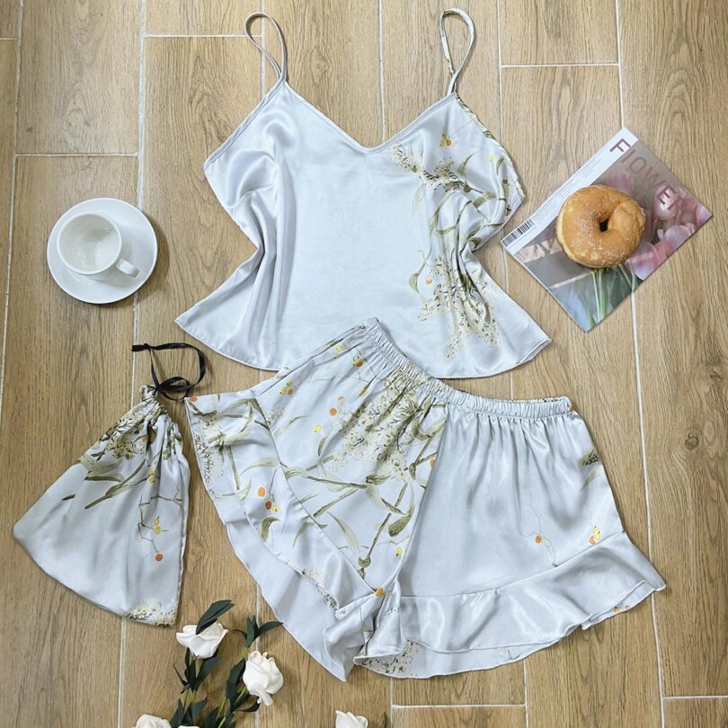 Elegant Floral Print Cami Tops   Ruffle Hem Shorts Pajama Set  Women's Sleepwear   Loungewear - Image 4