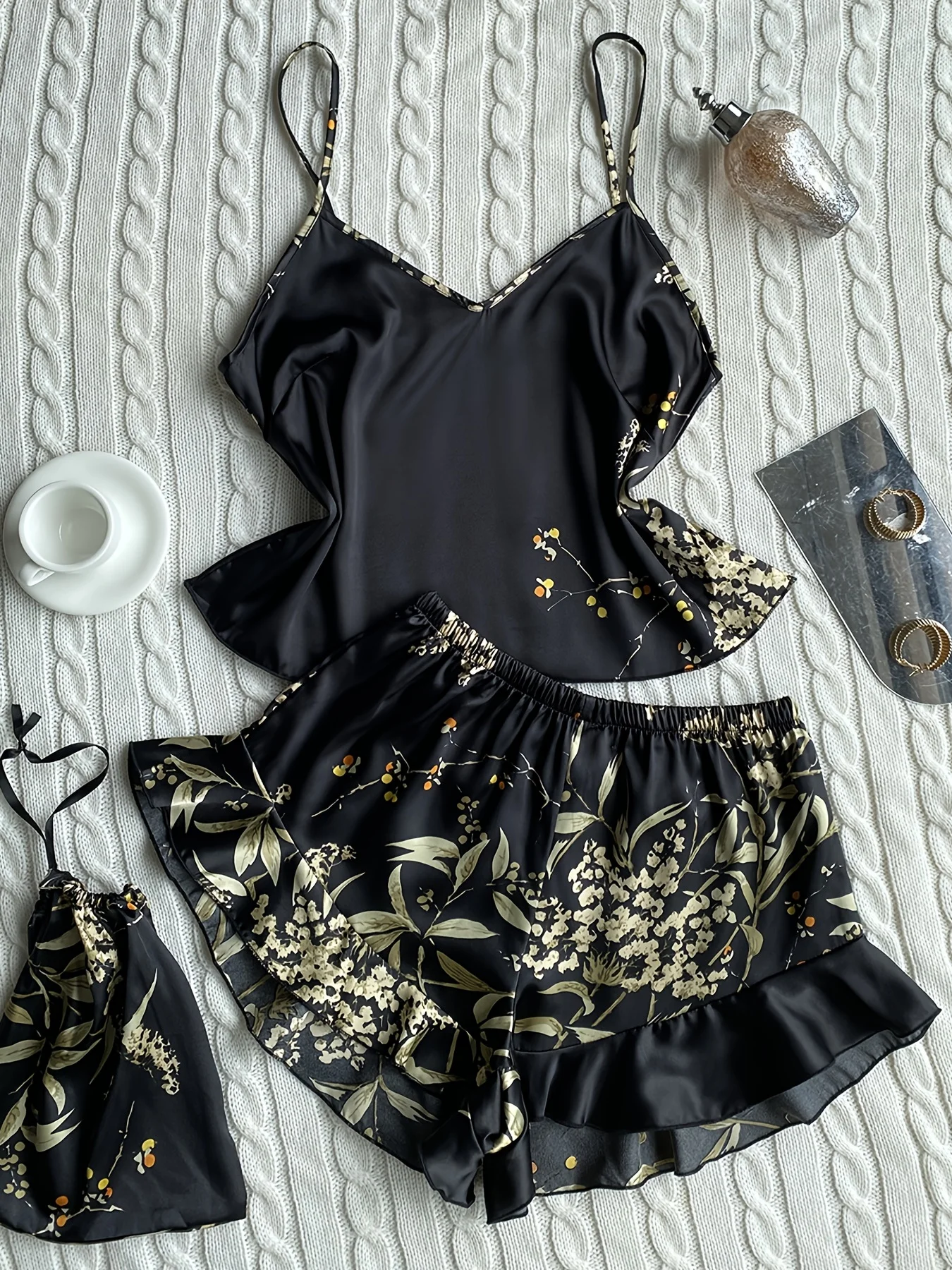 Elegant Floral Print Cami Tops   Ruffle Hem Shorts Pajama Set  Women's Sleepwear   Loungewear