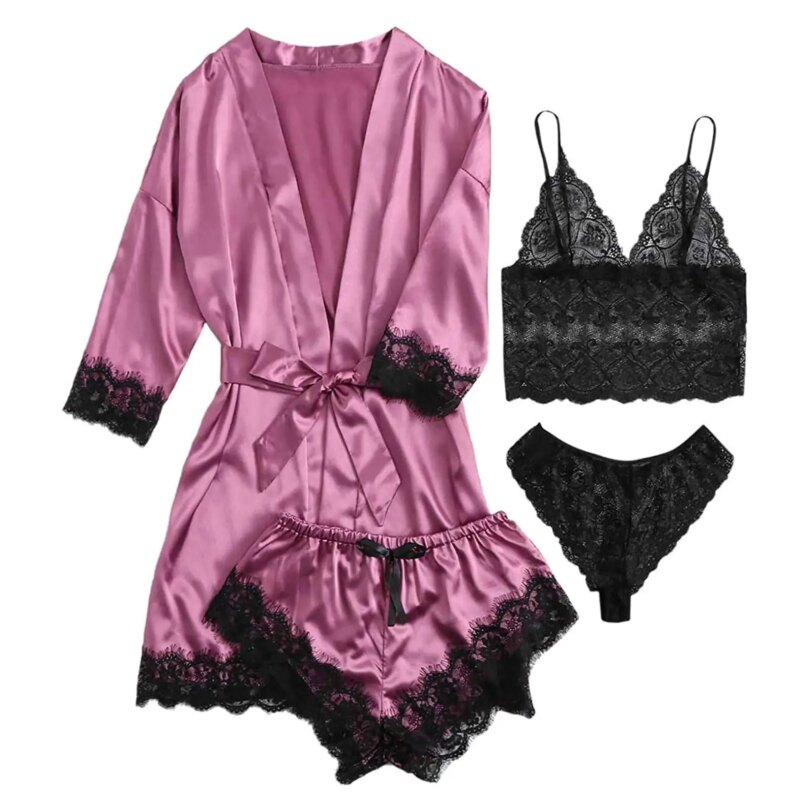 Women's Summer Sexy Pajama Pants Set 4 Pieces Lace Satin With Silk Sleepwear Robe Fashion And Comfortable Nightwear - Image 6