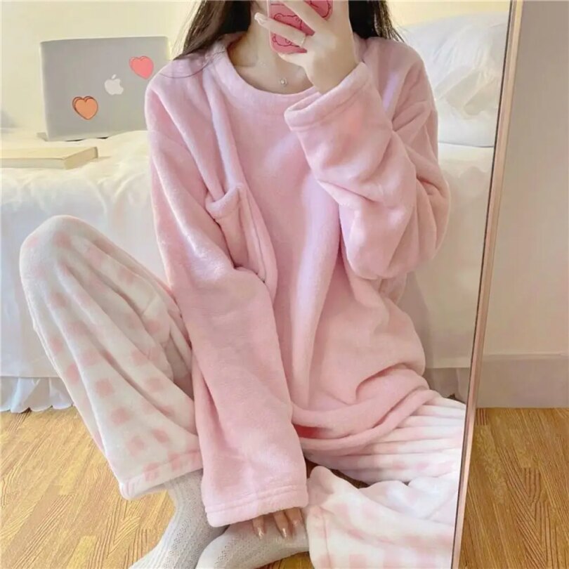 Fleece Thick Warm Women's Pajamas Set Winter Sleepwear Casual Solid Top and Plaid Pants Soft Pijamas Set for Women Home Suit - Image 2