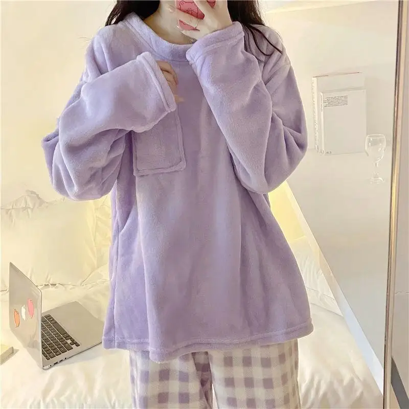 Fleece Thick Warm Women's Pajamas Set Winter Sleepwear Casual Solid Top and Plaid Pants Soft Pijamas Set for Women Home Suit