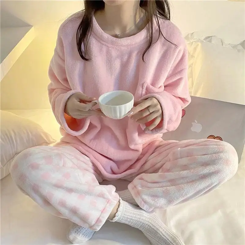 Fleece Thick Warm Women's Pajamas Set Winter Sleepwear Casual Solid Top and Plaid Pants Soft Pijamas Set for Women Home Suit