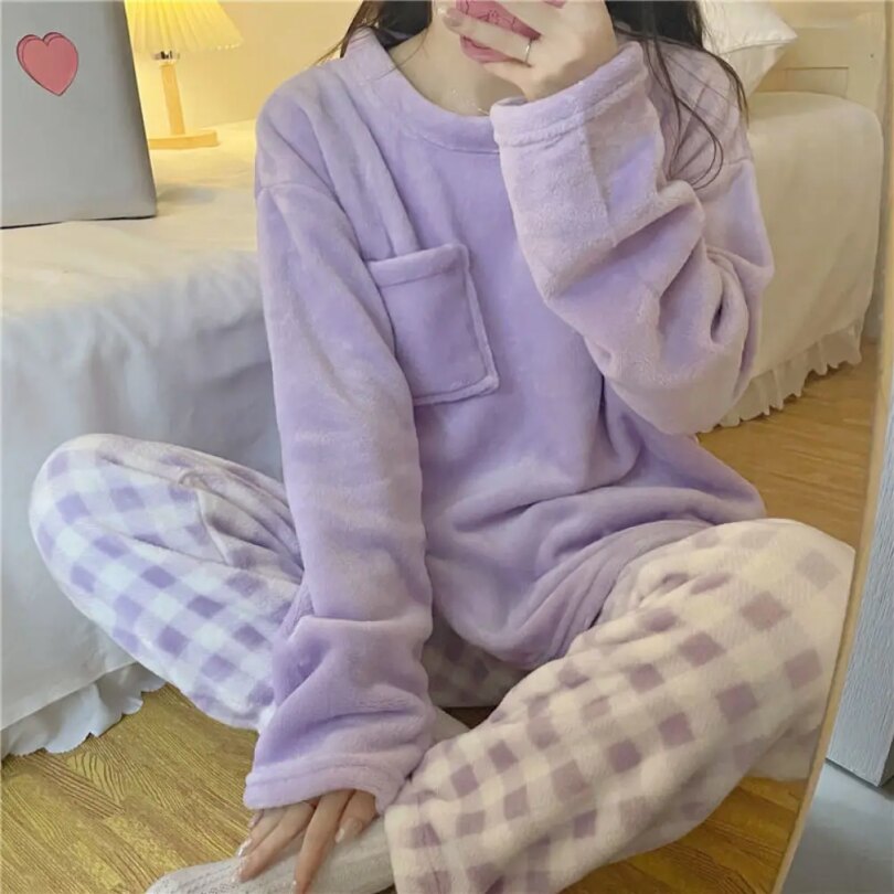 Fleece Thick Warm Women's Pajamas Set Winter Sleepwear Casual Solid Top and Plaid Pants Soft Pijamas Set for Women Home Suit - Image 3