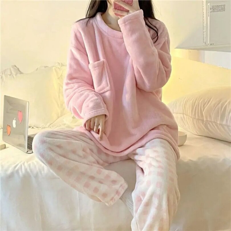 Fleece Thick Warm Women's Pajamas Set Winter Sleepwear Casual Solid Top and Plaid Pants Soft Pijamas Set for Women Home Suit - Image 4