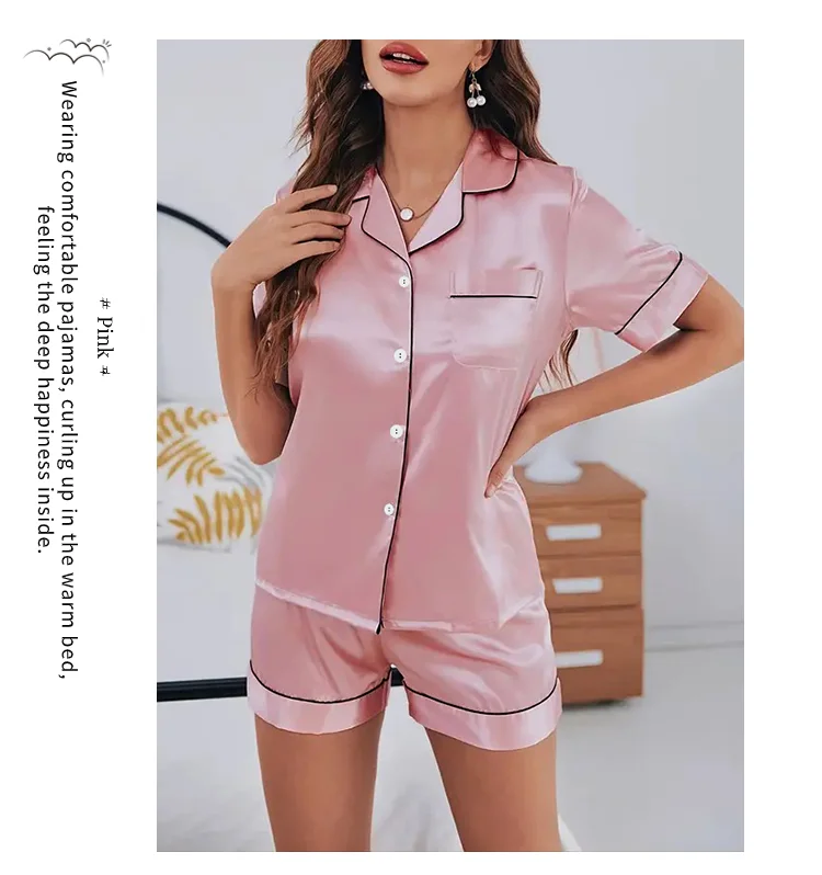 Women's Pajamas Set Satin Sleepwear Button Down Tops and Shorts Pajama 2 Piece Suit Pyjama Femme Nightwear Loungewear for Summer