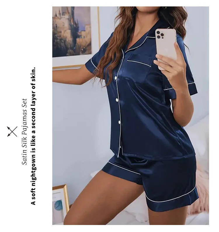 Women's Pajamas Set Satin Sleepwear Button Down Tops and Shorts Pajama 2 Piece Suit Pyjama Femme Nightwear Loungewear for Summer