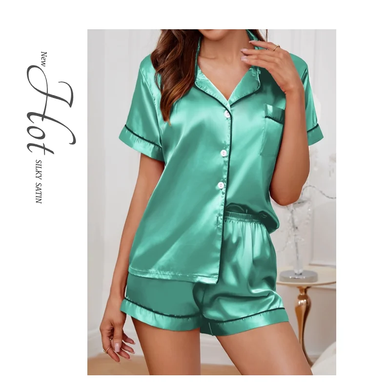 Women's Pajamas Set Satin Sleepwear Button Down Tops and Shorts Pajama 2 Piece Suit Pyjama Femme Nightwear Loungewear for Summer