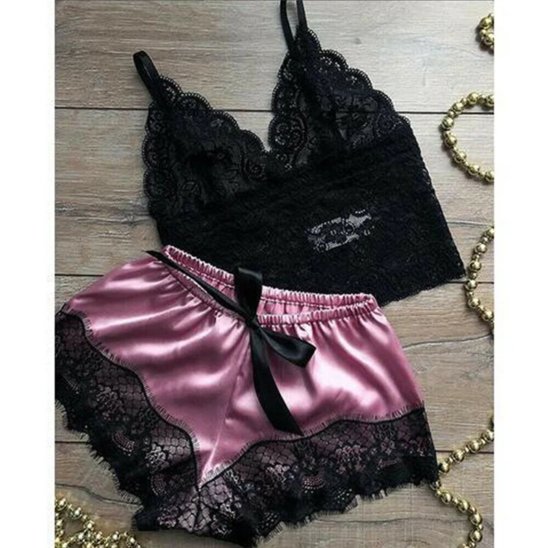 2PCS Womens Lace Sleepwear Lingerie Tops Shorts Set Babydoll Casual Pajamas Nightwear