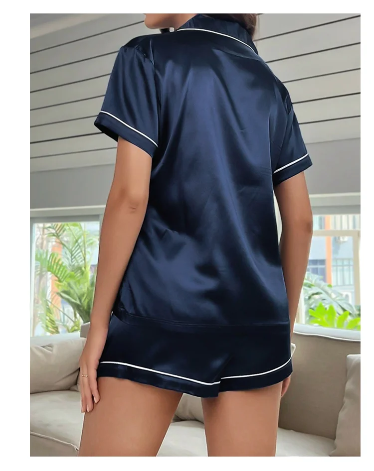 Summer Silk Satin Women Pajamas Set Button Down Top & Shorts 2 Pieces Sleepwear Notched Collar Nightwear Loungewear for Women