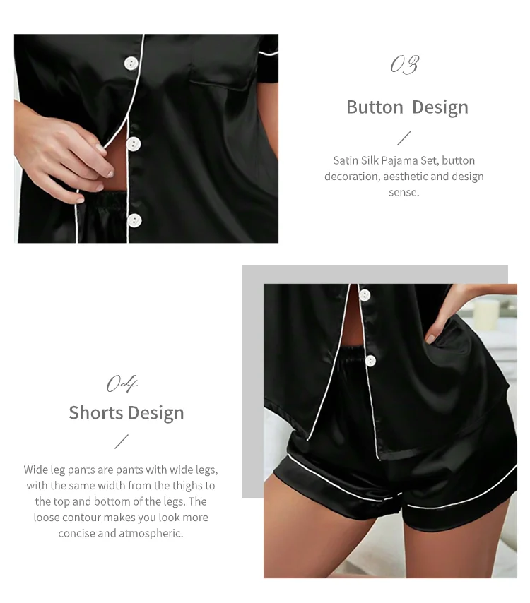 Summer Silk Satin Women Pajamas Set Button Down Top & Shorts 2 Pieces Sleepwear Notched Collar Nightwear Loungewear for Women