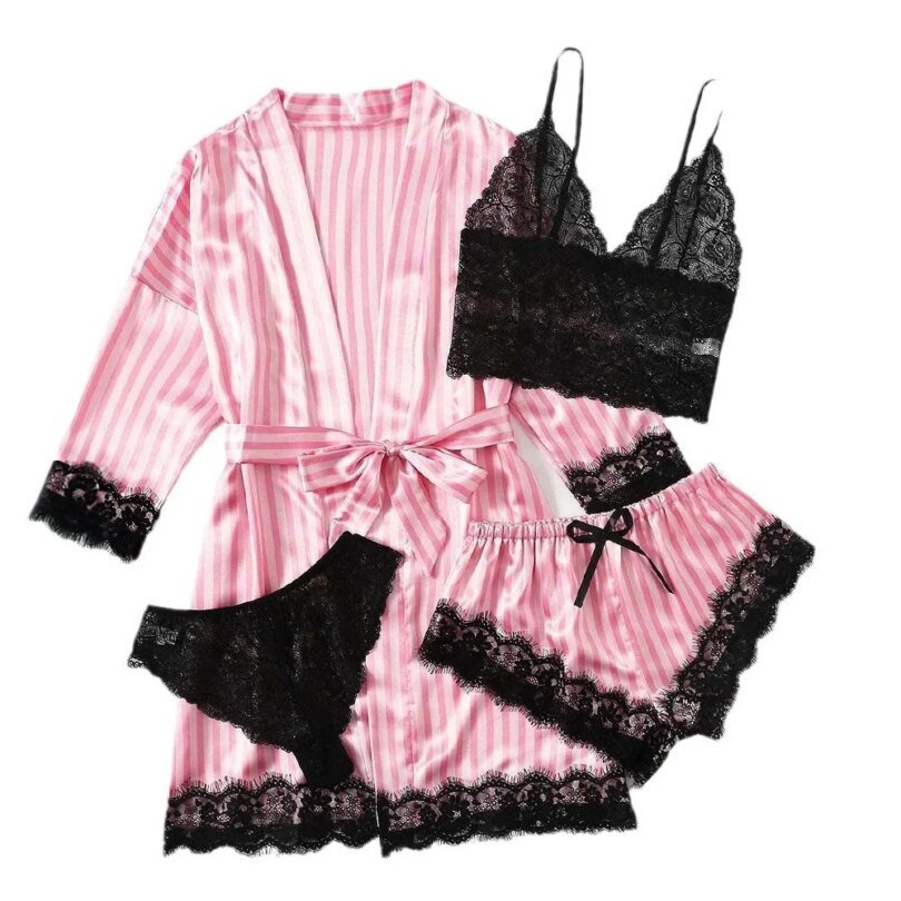 Women's Summer Fashion And Comfortable Nightwear Lace Satin With Silk Sleepwear Robe Sexy Pajama Pants Home Clothes - Image 6