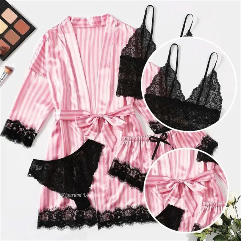 Women's Summer Fashion And Comfortable Nightwear Lace Satin With Silk Sleepwear Robe Sexy Pajama Pants Home Clothes - Image 2