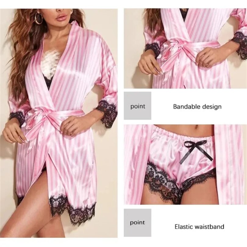 Women's Summer Fashion And Comfortable Nightwear Lace Satin With Silk Sleepwear Robe Sexy Pajama Pants Home Clothes - Image 5