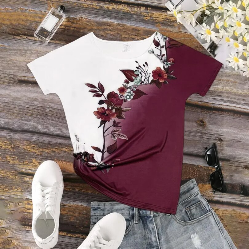 2024 New Women's Color Block T-shirt Summer Fashion Short sleeved Top Flower Print Loose Clothing Women's Party T-shirt - Image 6