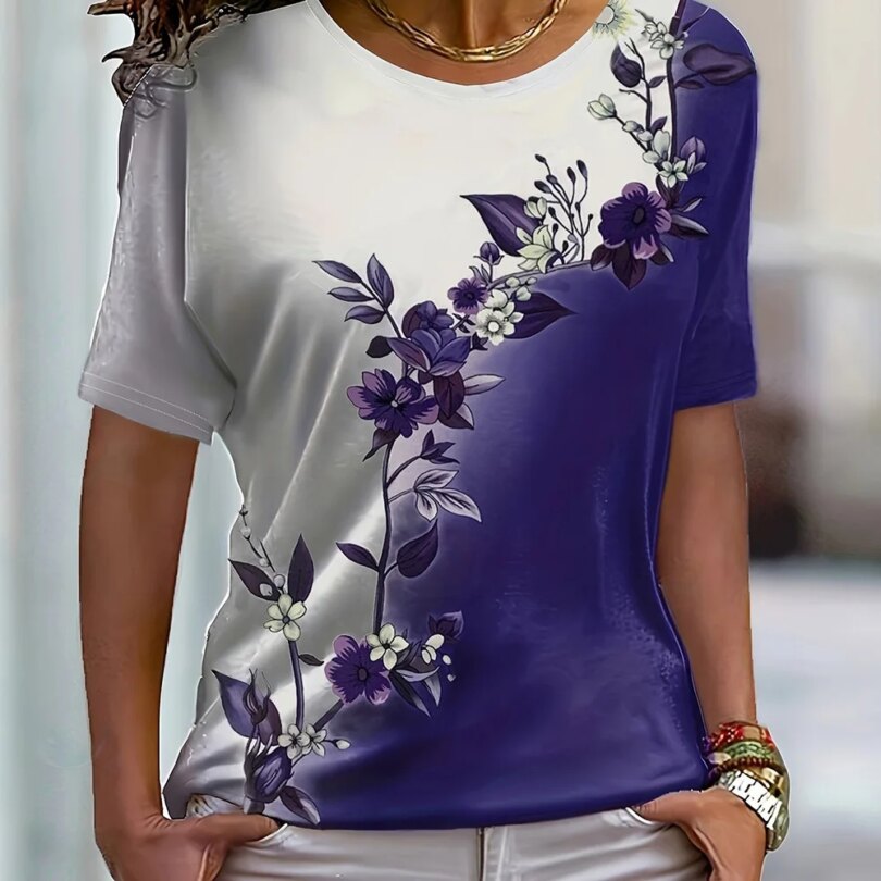 2024 New Women's Color Block T-shirt Summer Fashion Short sleeved Top Flower Print Loose Clothing Women's Party T-shirt - Image 5