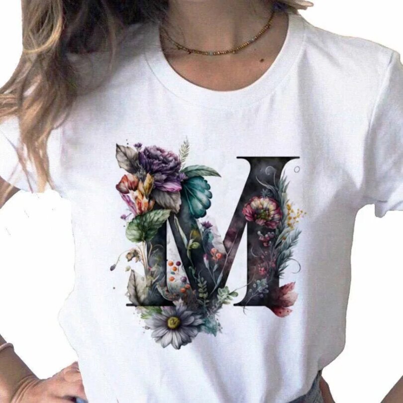 New Women T Shirt Custom Name Letter Combination Print Tshirt Flower Letter Font A B C D E F G Short Sleeve Female Tees Tops - Image 2