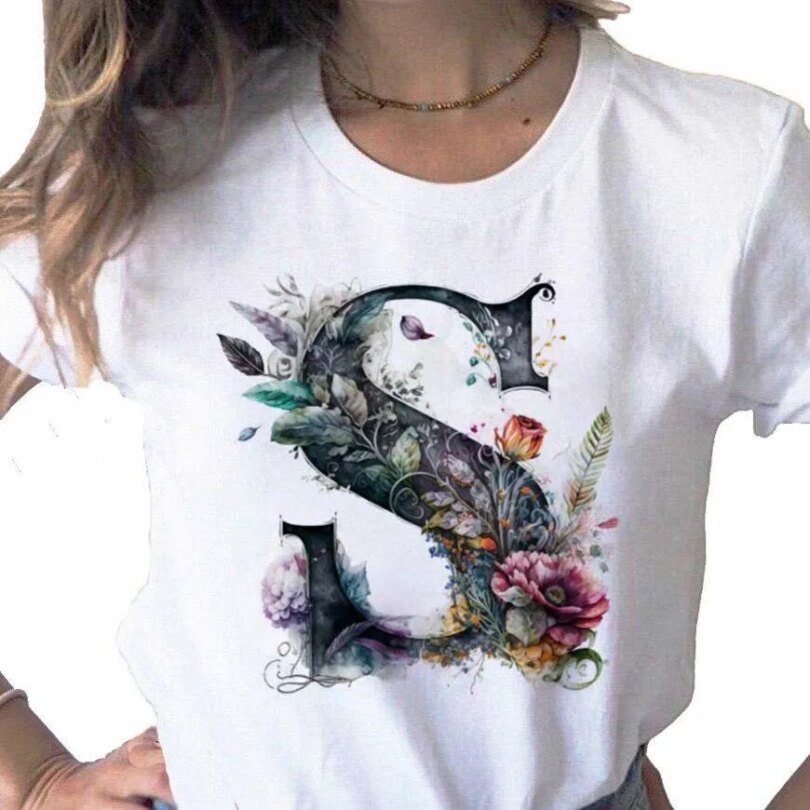 New Women T Shirt Custom Name Letter Combination Print Tshirt Flower Letter Font A B C D E F G Short Sleeve Female Tees Tops - Image 6