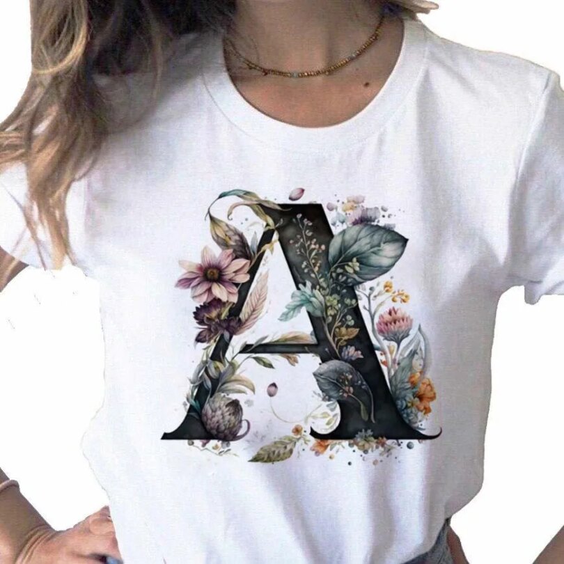 New Women T Shirt Custom Name Letter Combination Print Tshirt Flower Letter Font A B C D E F G Short Sleeve Female Tees Tops