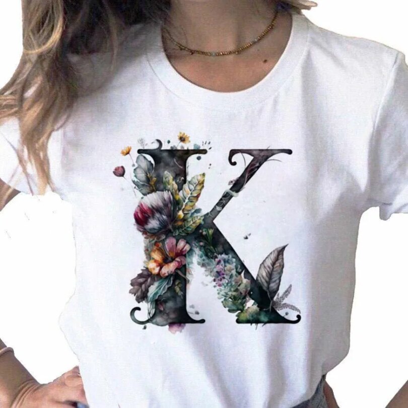 New Women T Shirt Custom Name Letter Combination Print Tshirt Flower Letter Font A B C D E F G Short Sleeve Female Tees Tops - Image 4