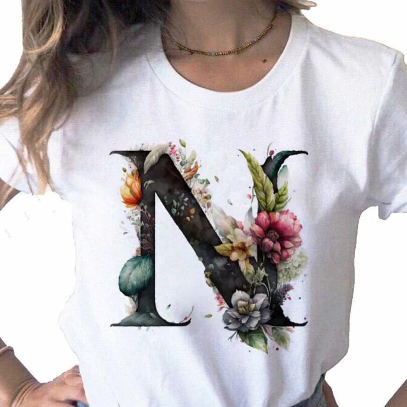 New Women T Shirt Custom Name Letter Combination Print Tshirt Flower Letter Font A B C D E F G Short Sleeve Female Tees Tops - Image 3