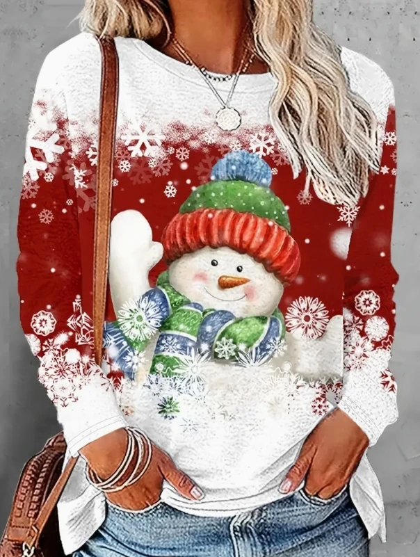 New Women's Top Snowman Printed Round Neck T-shirt Personalized Casual Cute Style Long Sleeve T-shirt Women's Spring and Autumn