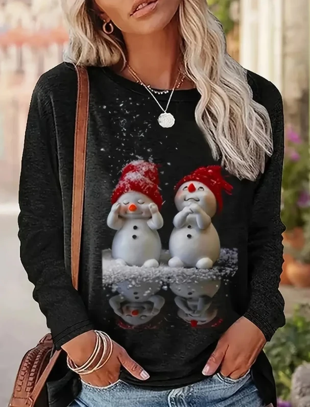 New Women's Top Snowman Printed Round Neck T-shirt Personalized Casual Cute Style Long Sleeve T-shirt Women's Spring and Autumn