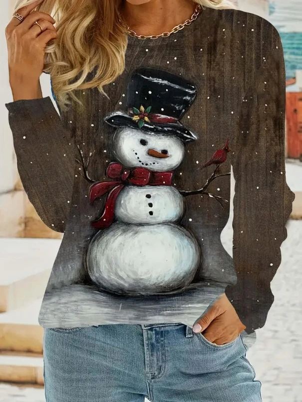 New Women's Top Snowman Printed Round Neck T-shirt Personalized Casual Cute Style Long Sleeve T-shirt Women's Spring and Autumn