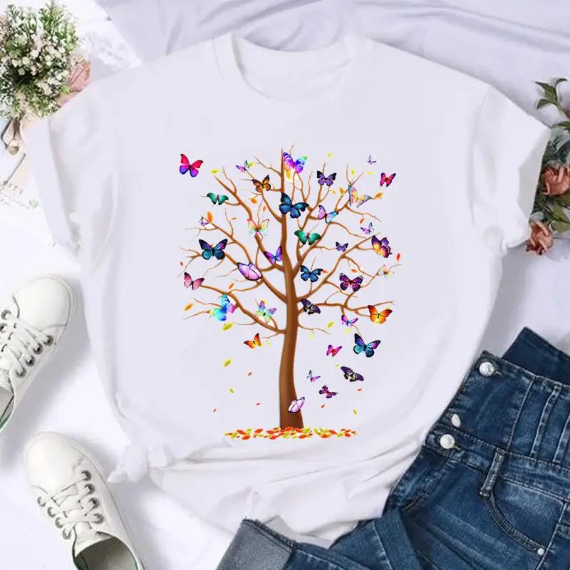 Short Sleeve Butterfly Bow Sweet Flower Fashion Summer Women Print T Shirt Female Casual Top Tshirts Cartoon Graphic Tee T-Shirt