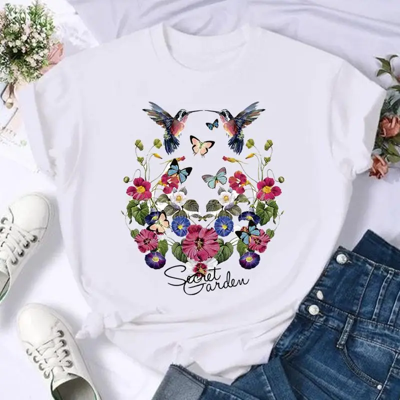 Short Sleeve Butterfly Bow Sweet Flower Fashion Summer Women Print T Shirt Female Casual Top Tshirts Cartoon Graphic Tee T-Shirt