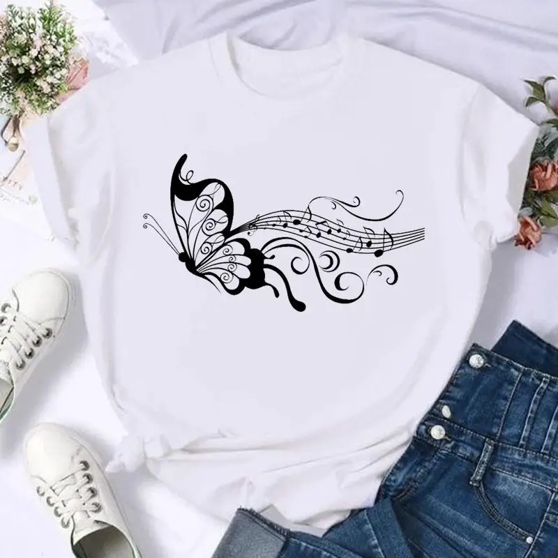 Short Sleeve Butterfly Bow Sweet Flower Fashion Summer Women Print T Shirt Female Casual Top Tshirts Cartoon Graphic Tee T-Shirt