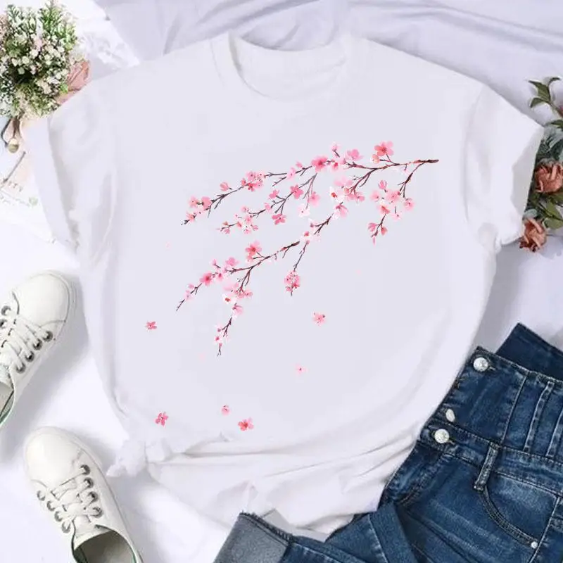 Short Sleeve Butterfly Bow Sweet Flower Fashion Summer Women Print T Shirt Female Casual Top Tshirts Cartoon Graphic Tee T-Shirt