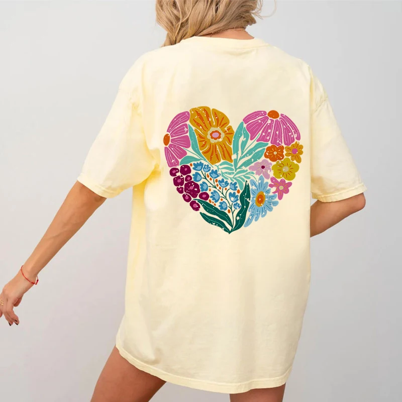 Flower Pumpkin Heart Design T-Shirts Women Vintage Wildflowers Crew Neck Girls Clothing Flowers Nature Lover Oversized T Shirt